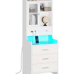 ADORNEVE Tall Night Stand with Charging Station and LED Lights,49.2" Nightstand with Bookshelf, White Bedside Table with Drawers,End Side Table for Be