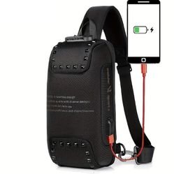 Chest Bag Pack Sports Sling Backpack Travel Cross-Body Bag USB Port Black