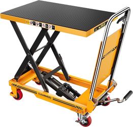 Hydraulic Lift Table Cart, 330 lb Foldable Scissor Lift, Yellow Lift Cart With 28.5" Lifting Height, Non-Slip Pad, PU Brake Wheels, Foldable Handle &