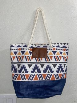 Used Large Beach Travel Tote Bag - Natural Navy Blue Woven w/ Geometric Pattern