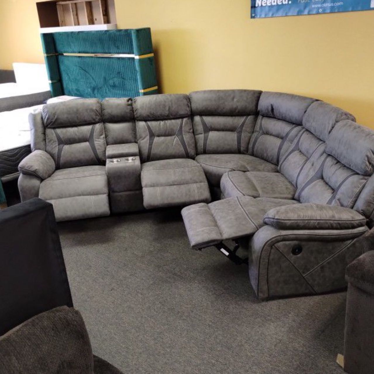New liberty, gray power reclining sectional with power outlet, including free delivery