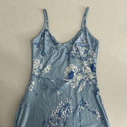 Extra Long Blue Flower Print Dress