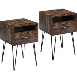 Nightstands Side End Tables with Drawer and Open Storage Shelf, Night Stand for Bedroom, Living Room, Metal Frame, Industrial Style, Set of 2, Rustic 