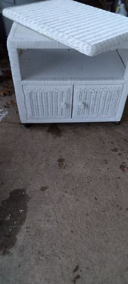 White Wicker TV Cart On Wheels 