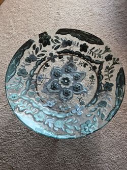 Blue floral 18in glass bird bath bowl for outdoors