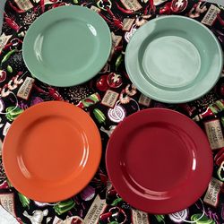 4 Fish’s Eddy 8.5” Salad Plates; 2 Green 1 Red & 1 Orange