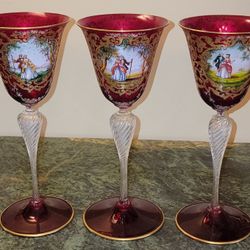 3 EXQUISITE  MURANO CRANBERRY PAINTED BLOWN GLASS ITALIAN GOLD STEM GOBLETS