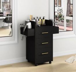 Salon Station for Hair Stylist, Salon Station Cart with Wheels
Hair Stylist Beauty Barber Station, 6 Hair Dryer Holders & 3 Drawers, Black and Gold