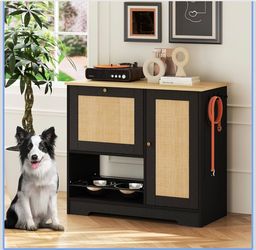 Dog Crate Furniture Cabinet with Rattan Doors