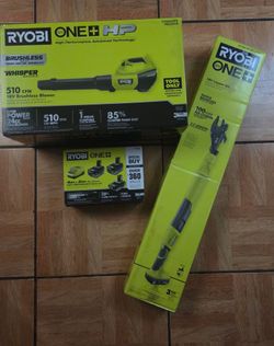 RYOBI BLOWER, LOPPER KIT, 4 BATTERIES & CHARGER