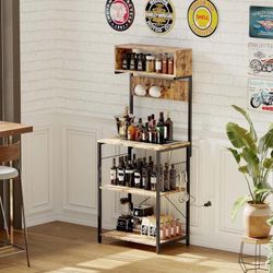 Bakers Rack with Power Outlet, 4-Tier Kitchen Storage Cart, Microwave Stand with 10 Hooks & Adjustable Shelves, Coffee Bar Station (Industrial Rustic)
