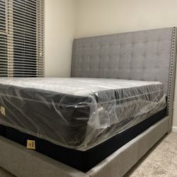 5 FT 11INCH GRAY OR KHAKI COLOR UPHOLSTERED BED FRAME ! KING SIZE $425 QUEEN $385!