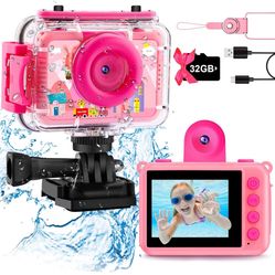 GKTZ Kids Waterproof Camera - Underwater Camera Birthday Gifts for Girls Boys Children Digital Action Camera with 32GB SD Card, Pool Toys for Kids Age
