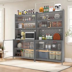 73'' Tall Kitchen Pantry Cabinet , 6 Level Flip Door with Pegboard Spacious, Adjustable & Stylish Metal Pantry Storage Cabinet, Anti-Tip Design Hutch 