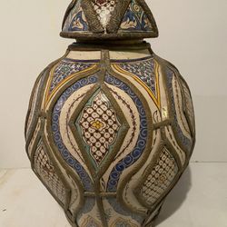 ANTIQUE MOROCCAN VASE WITH LID - CERAMIC WITH METAL FILIGRAM - FULL HEIGHT 24 and a half Inches