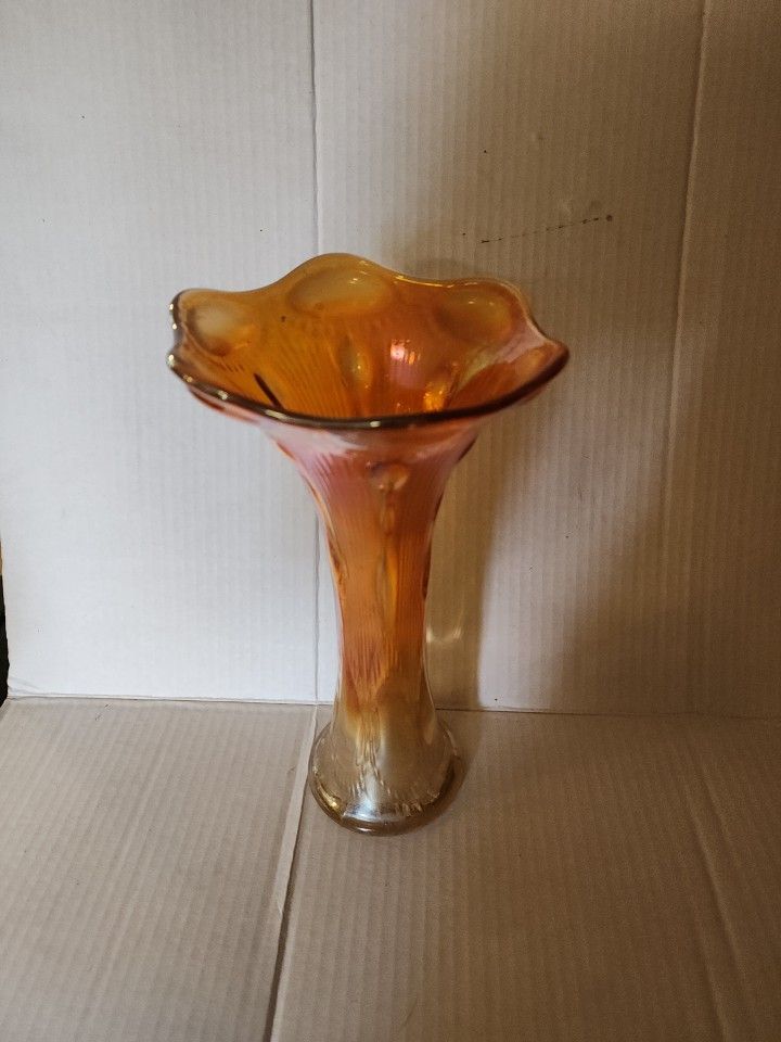 Vintage Marigold Carnival Glass Swung Vase Iridescent 10 Inches Graceful Shape