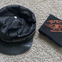 Harley Davidson Vintage Leather Captain Biker Hat With Chin Strap And Bandana