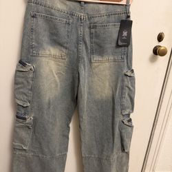 Women Denim Cargo Pants Light Wash Wide Leg Streetwear Size M New With Tags