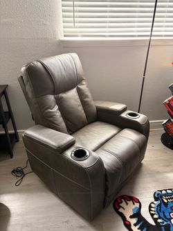 Gray Leather Recliner Chair with Cup Holders