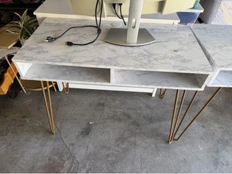 Modern Faux Marble Computer Desk / Writing Desk with Gold Hairpin Legs