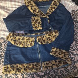 Cropped Cheetah Denim Jacket & Skirt Set