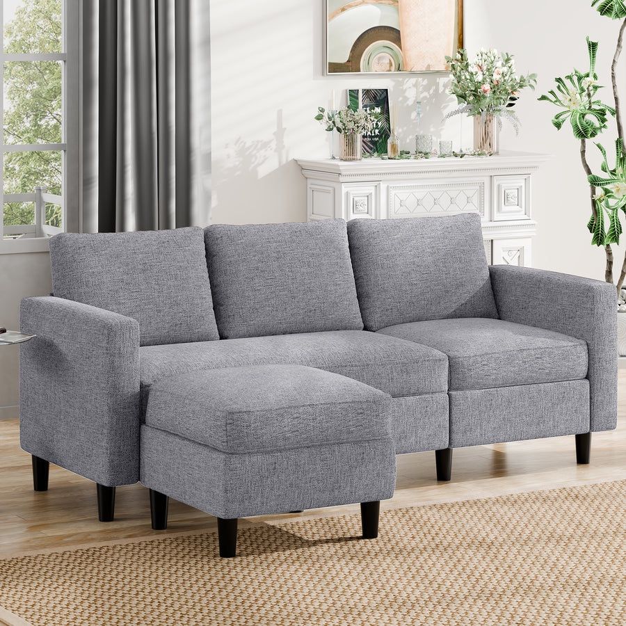 New Mid Century Convertible Sectional Sofa with Reversible Armchair, L-Shaped Couch with Modern Linen Fabric for Small Space Light Gray New in box US