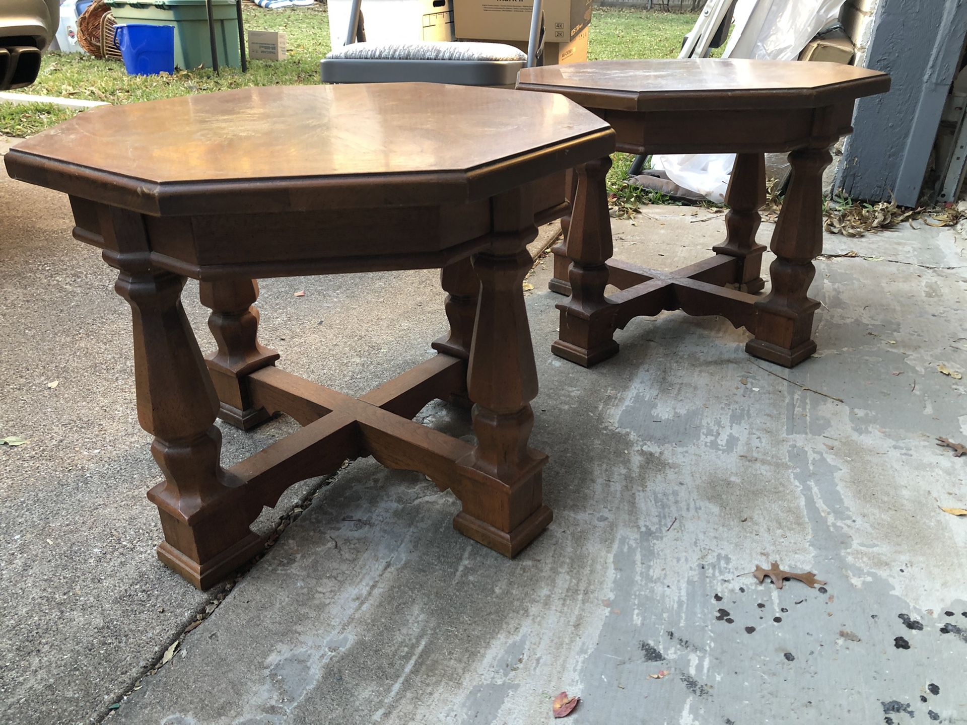 2 octagonal wood inlay End Tables