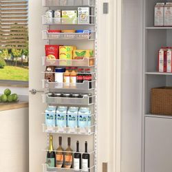 8-Tier Over the Door Pantry Organizer, White Adjustable Basket Pantry Door Organization Pantry Kitchen Storage Room Spice Rack