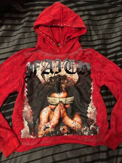 red BKYS "Faith" rhinestone hoodie.