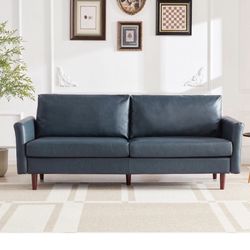 Brand New 80" Faux Leather Sofa, 3 Seater Leather Couch with Cozy Wide Seats (color-blue)