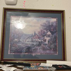 765 Sumersby Village Green Carl Valente Printed Painting.  Original Frame.