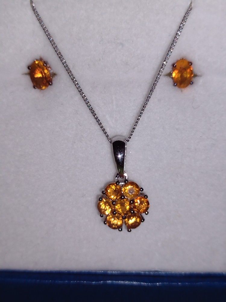 Orange Sapphire Necklace Set With Earrings Set In