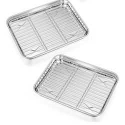 Toaster Oven Pans with Racks Set of 2, Stainless Steel Oven Tray Baking Pan Sheet and Cooling Rack for Oven Cooking Roasting, Non Toxic & Dishwasher S