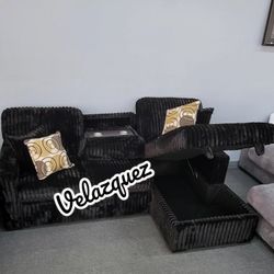 ✅️✅️2 pc Black fur like corduroy fabric sectional sofa with pop up sleep area and storage chaise drop down tray table USB ports✅️