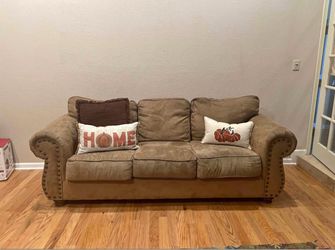 Brown Microfiber Sofa and Loveseat Set with Nailhead Trim
