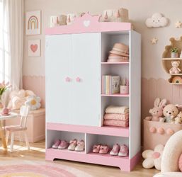Kids Armoire Wardrobe with Mirror & Jewelry Organizer, Dress-Up Storage for Little Girls, Featuring Costume Hanging Rod, Display Shelves, and Jewelry 