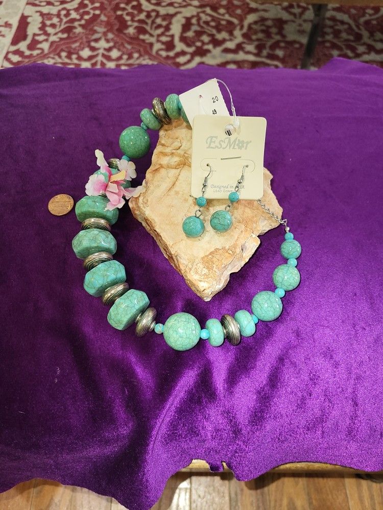 Turquoise (Faux) Silver Beaded Set