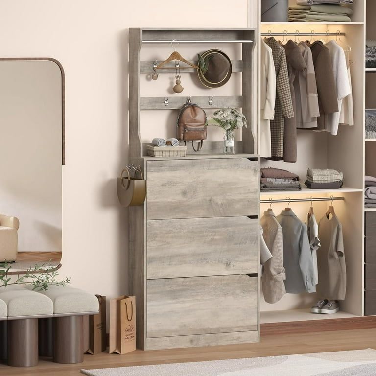 New Shoe Cabinet Storage for Entryway Shoe Storage Cabinet with 3 Flip Drawer White Slim Freestanding Narrow Shoe Cabinet Tall Wood Modern Shoes Cabin