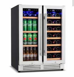 24 in. Dual Zone French Door 20 Bottle and 85 Can Beverage & Wine Cooler in Silver with 10 Removable Beechwood Shelves