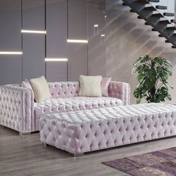 Perla Chalk Pink Velvet Sofa & Ottoman Set 
