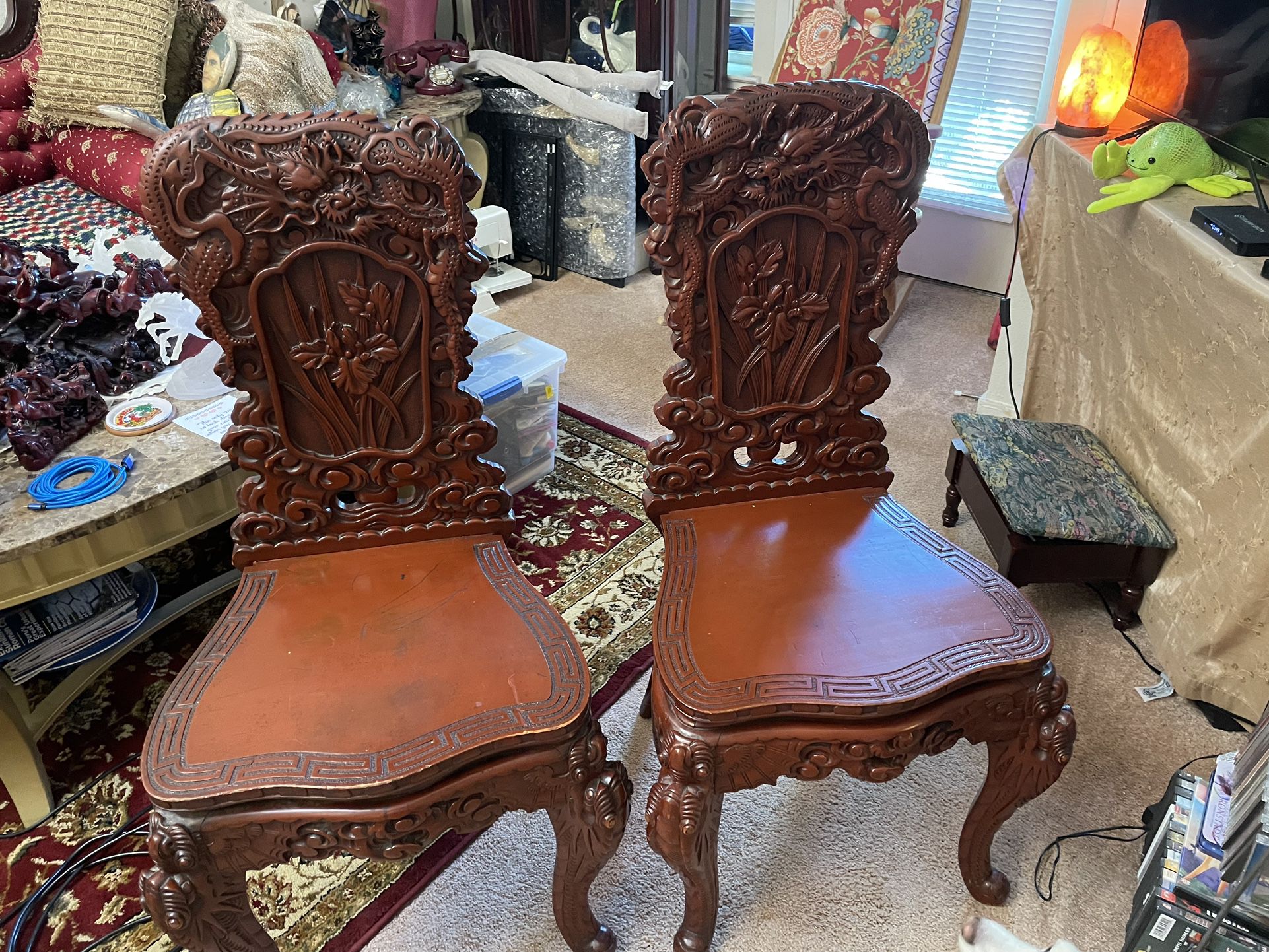 2  Hand Carved Wood Chairs
