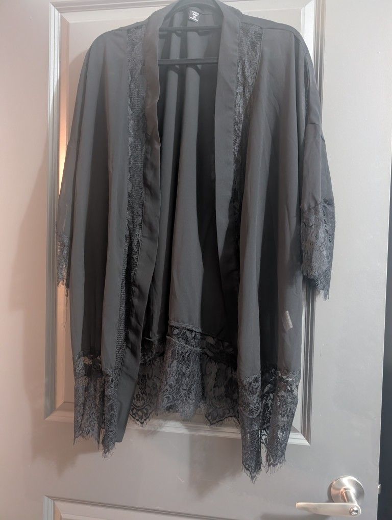New Women's Black With Lace Sheer Cardigan Cover-up XL