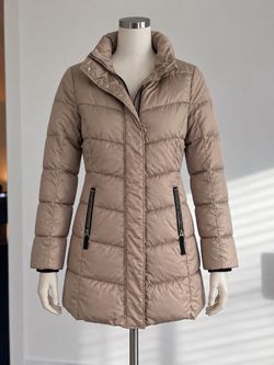 Women's Tan Mid-Length Puffer Coat