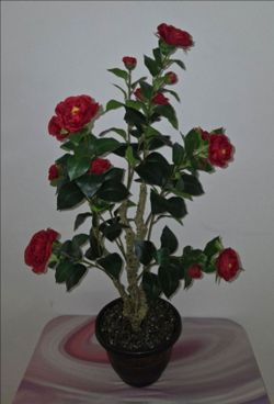 *** CLEARANCE *** 38" Faux Red Camellia Tree Topped With Labradorite Stones in 10" Planter @ Lasting Creations