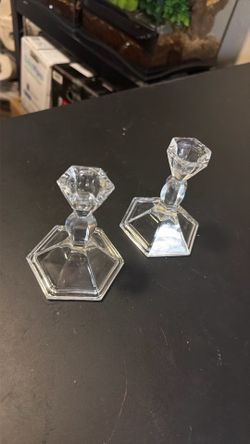 Vintage Hexagon Clear Crystal Candle Holders Set of 2