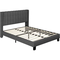 Upholstered Platform Bed, Bed Frame with Wooden Slat Support / Tufted Headboard with Wing Side / Mattress Foundation / Wooden Slat Support / No Box Sp