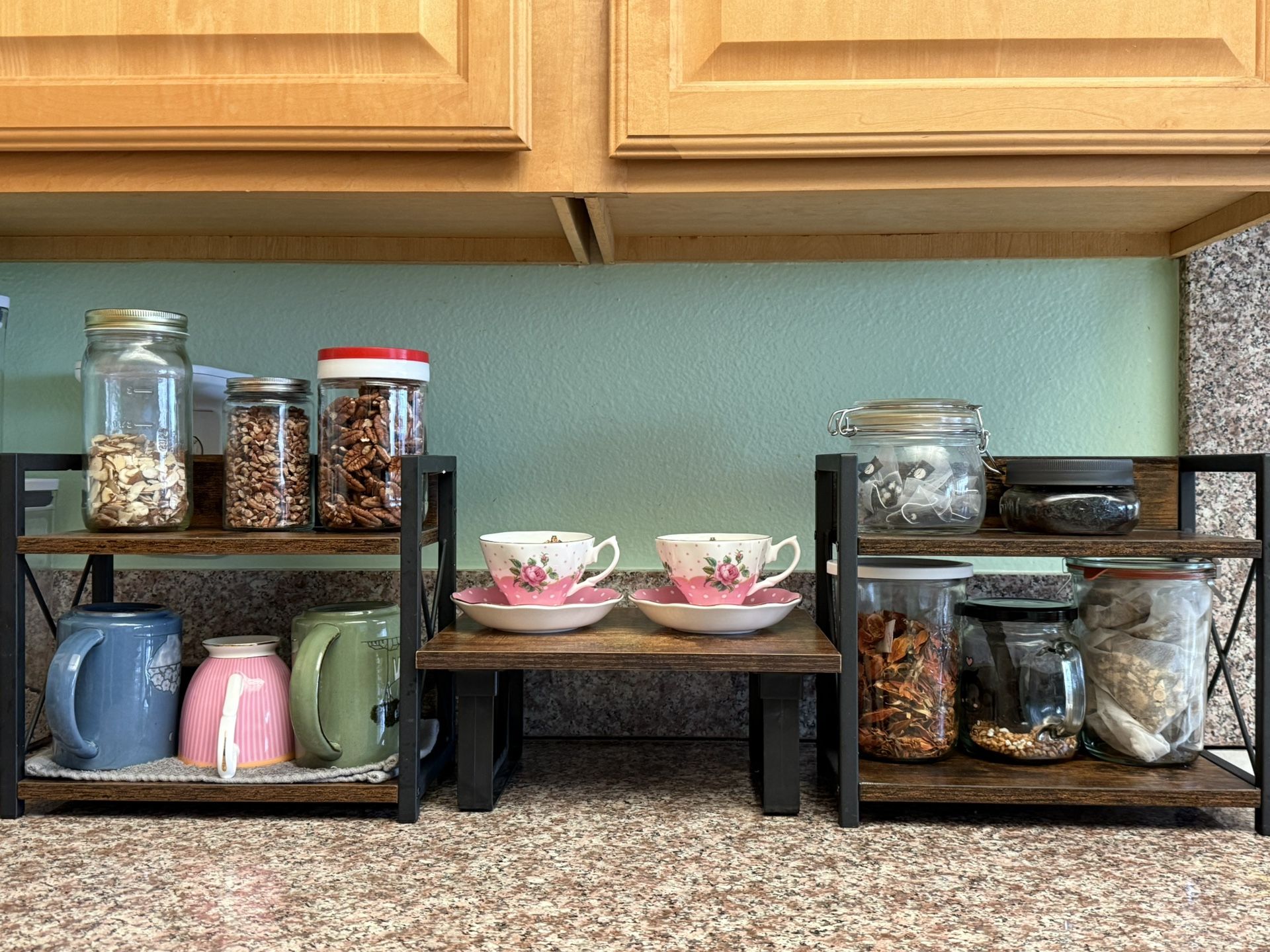 Set of 3 shelves: two 2-tier wood & metal racks + one matching center riser.