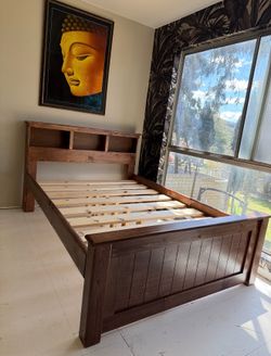 Wood Bed Frame w/ Storage Headboard + Drawers