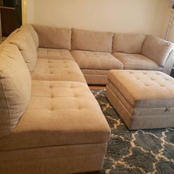 Beige Sectional Couch Plus Square Ottoman With Storage