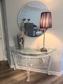 White Metal Glass Top Demilune Console Table